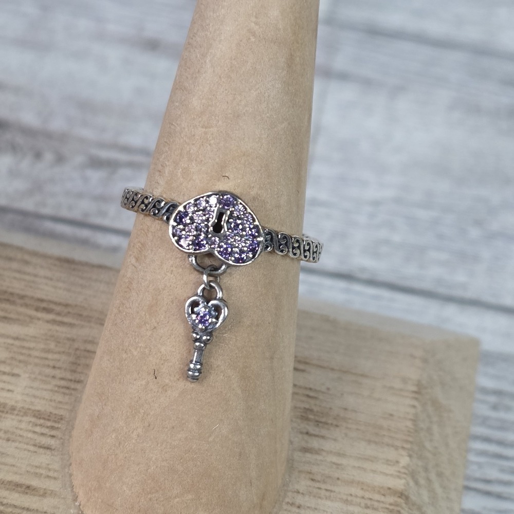 Sweet Promise 925 Sterling Silver Ring Cubic Zirconia 7 Heart Lock Purple Adjust